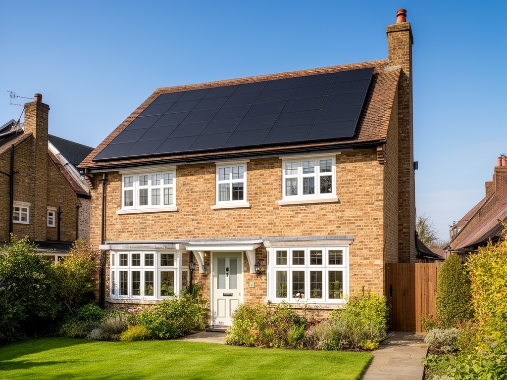 Traditional British brick house with modern solar panels installed on roof