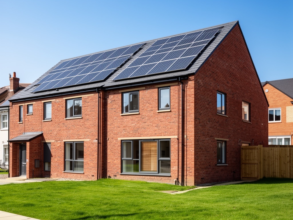 Modern UK semi-detached house with solar panels on roof