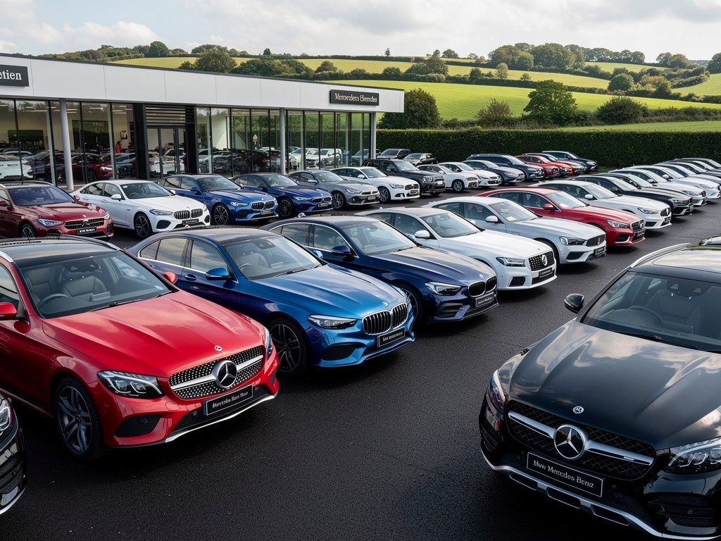 UK car dealership forecourt with multiple vehicle manufacturers