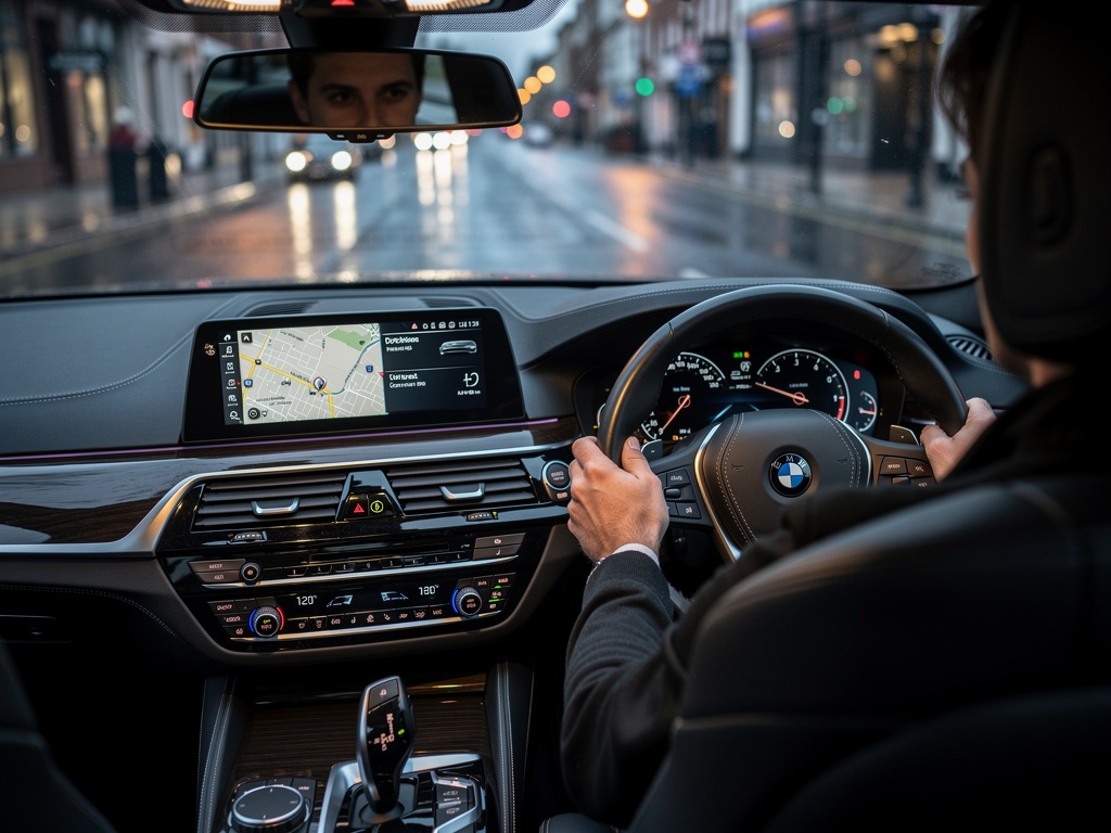 Over-shoulder view of driver in UK right-hand drive car in traffic
